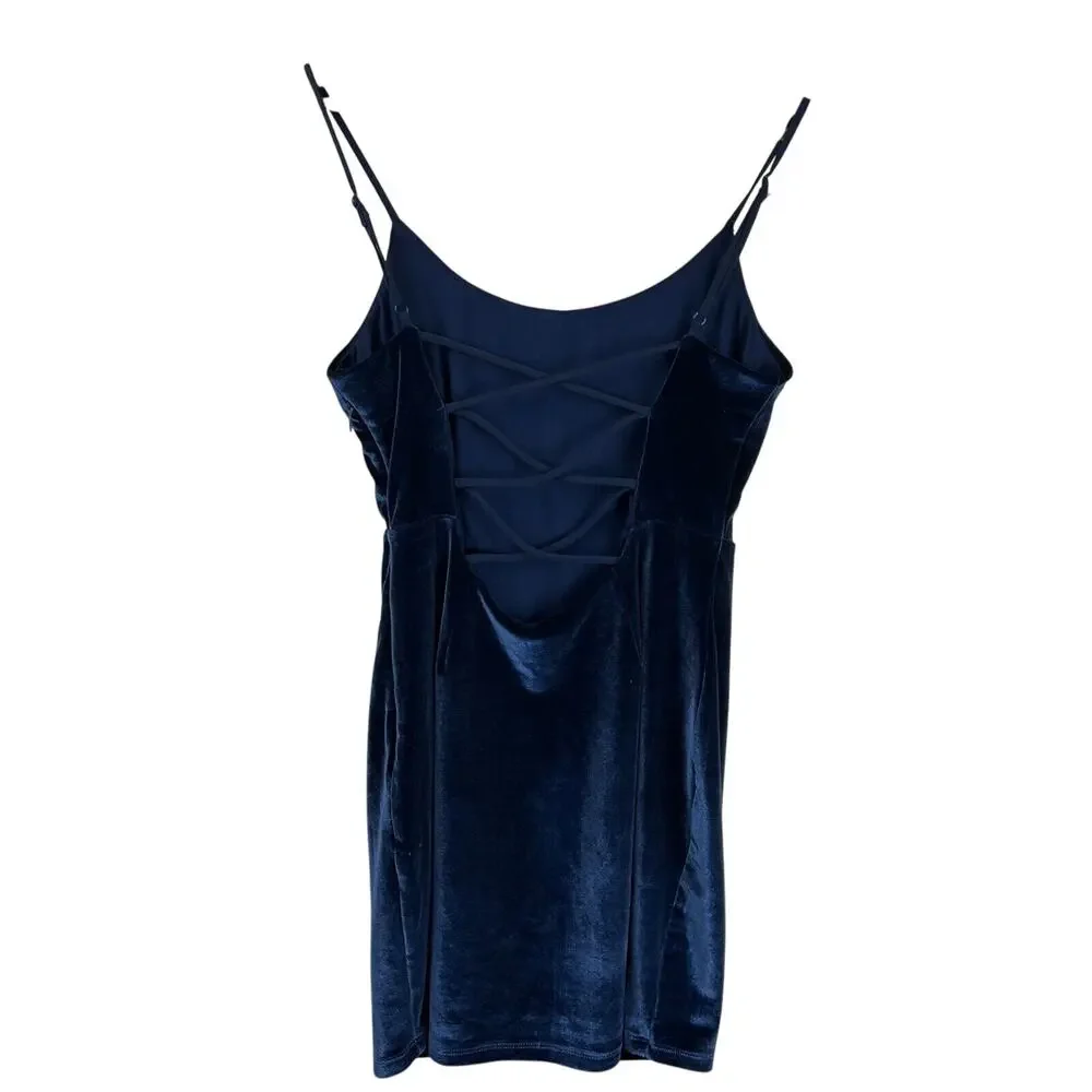 NBD Lauren Bodycon Dress Blue Velvet‎ Mini Party Open Back Whimsy Goth